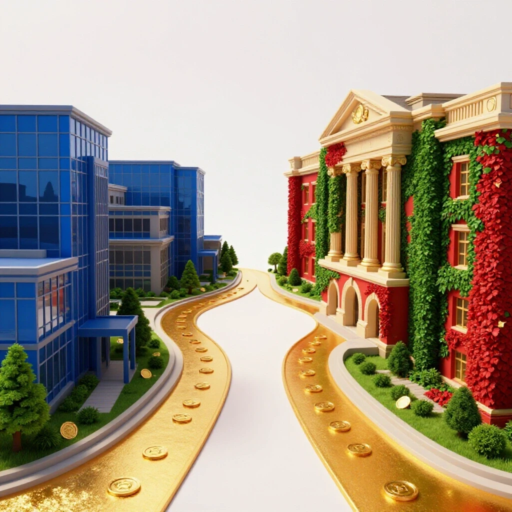 Split scene of a modest campus and an ivy-clad building with diverging golden paths and hidden treasures, on a bright white background.