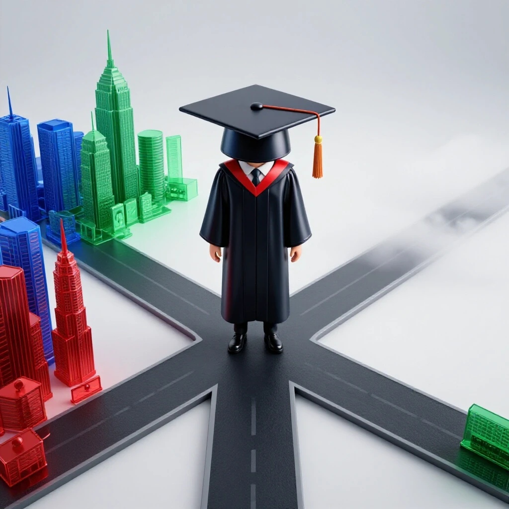 Graduation cap and gown at a crossroads, one path leading to a vibrant city skyline, the other fading into mist.