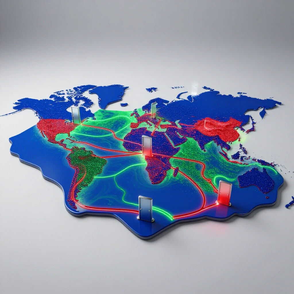 Vivid illuminated map with glowing data points and colored pathways, metallic doors highlighting career opportunities.