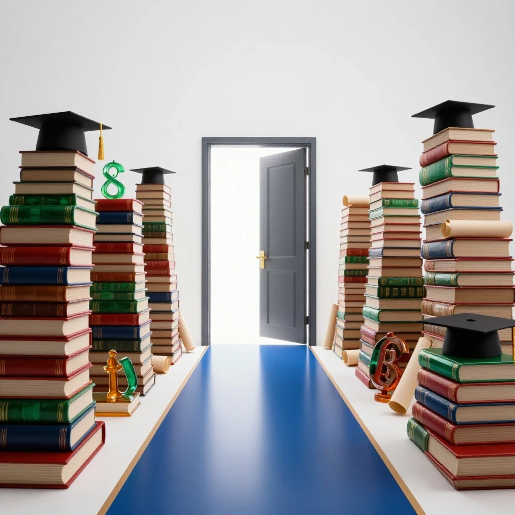 An open, glowing doorway at the path's end surrounded by stacked books and academic symbols on a bright background.