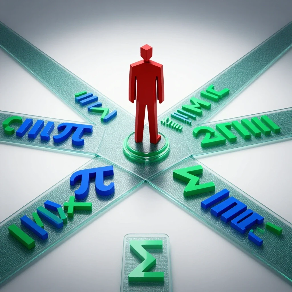 An abstract figure stands at a crossroads, choosing a path filled with colorful math symbols and data charts.