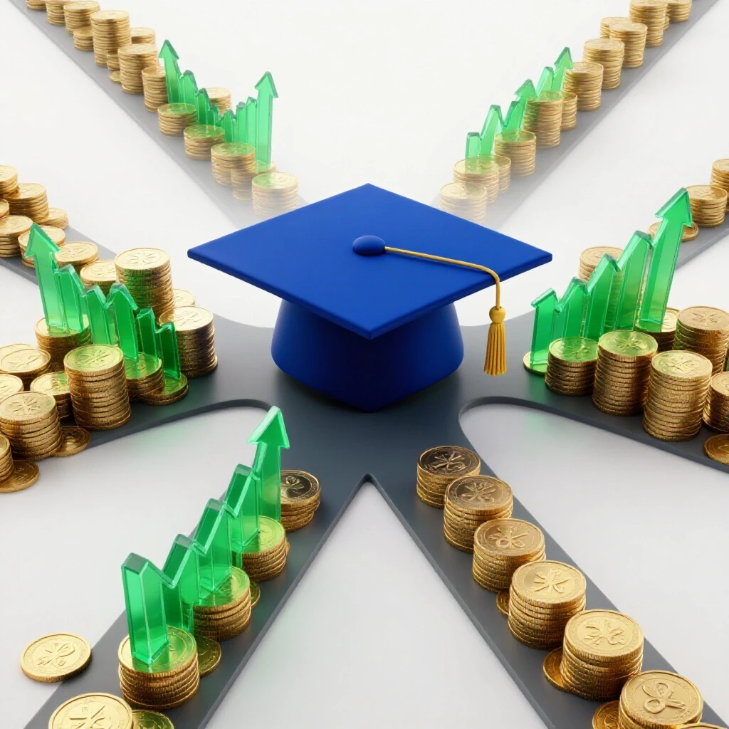 Glossy graduation cap stands at a crossroads, with coins and upward graphs on one path, uncertainty on the other.