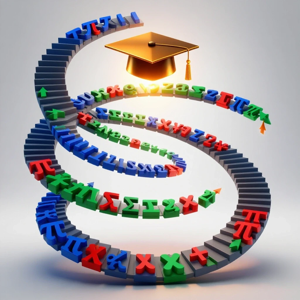 Winding staircase of colorful mathematical symbols ascending to a glowing graduation cap on a bright background.