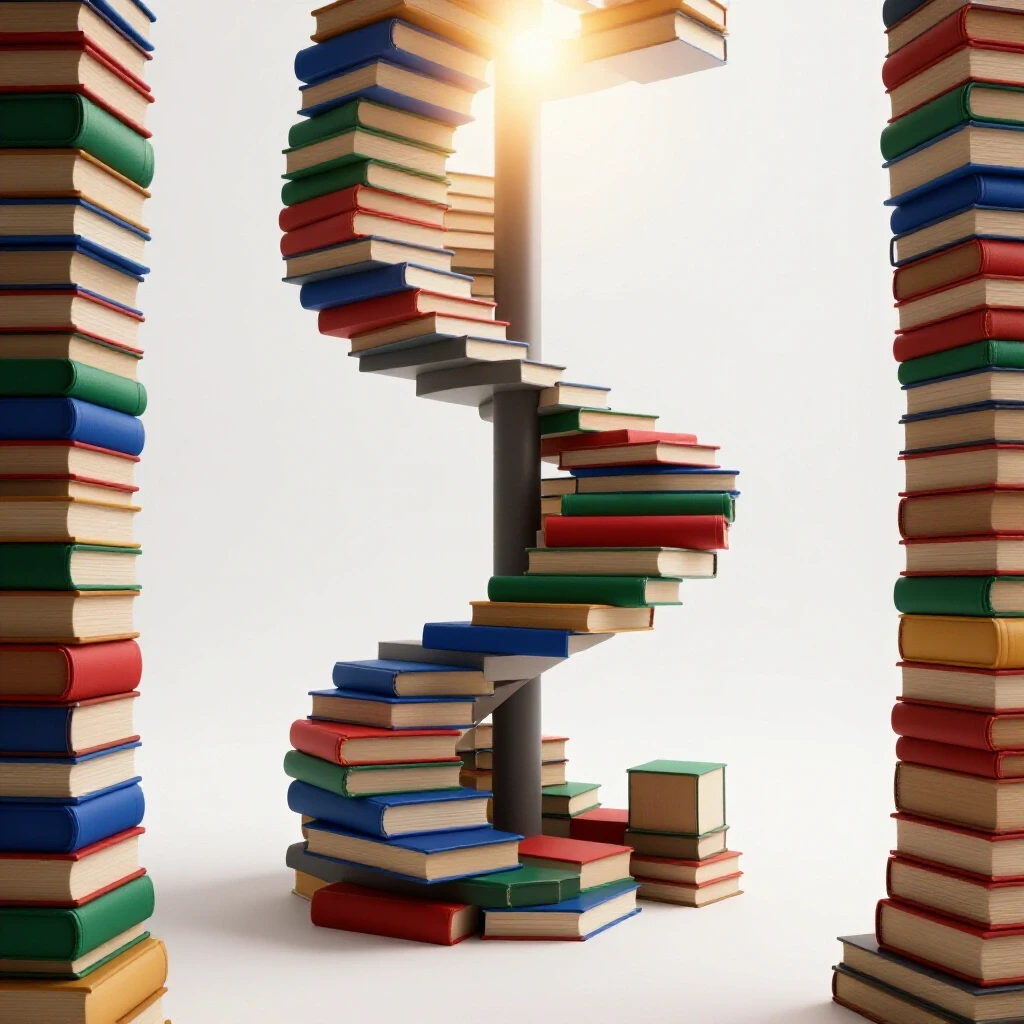 Books arranged as a staircase lead upward to a radiant light on a white background, symbolizing academic motivation.