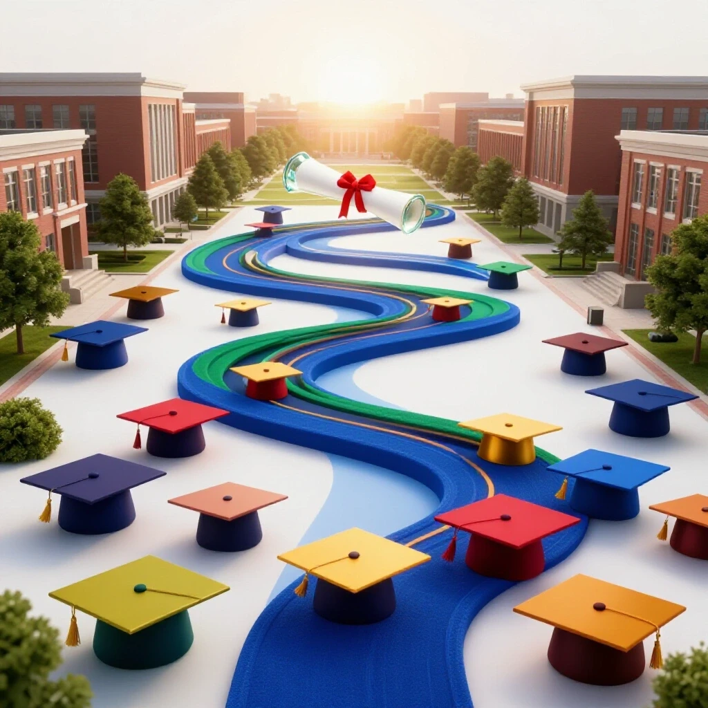 Winding path of colorful graduation caps through a bright campus, leading to a glowing diploma at sunrise.