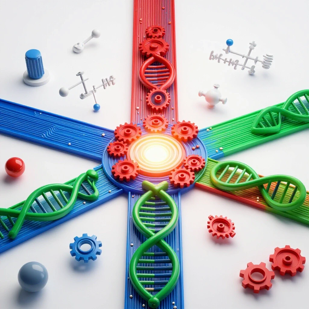 Vibrant crossroads of circuit boards, DNA helix, gears, and math symbols intersecting under a glowing light on a white background.