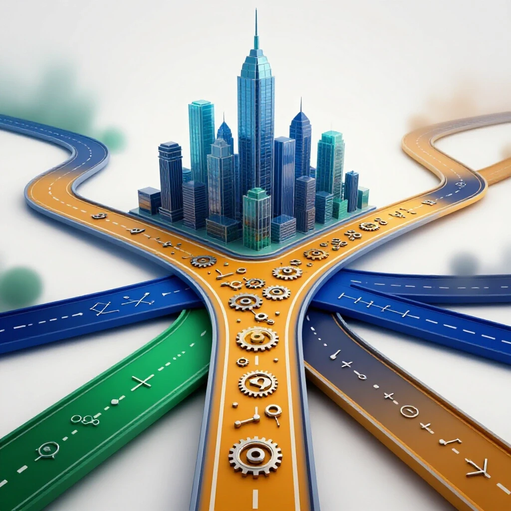 A dynamic crossroads features a STEM path with scientific symbols and gears leading to a bright city skyline, contrasted by fading uncertain paths.