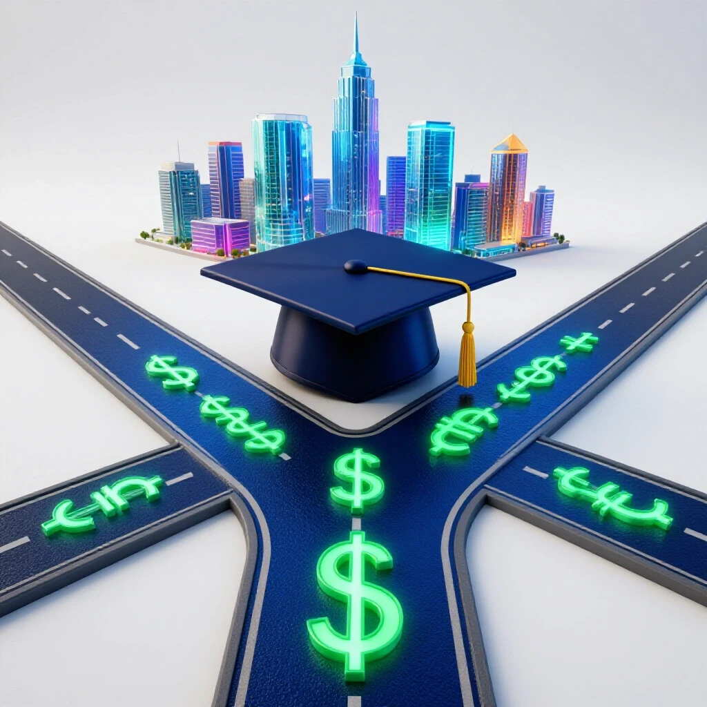 Graduation cap at crossroads with glowing currency symbol path leading to bright futuristic city skyline.