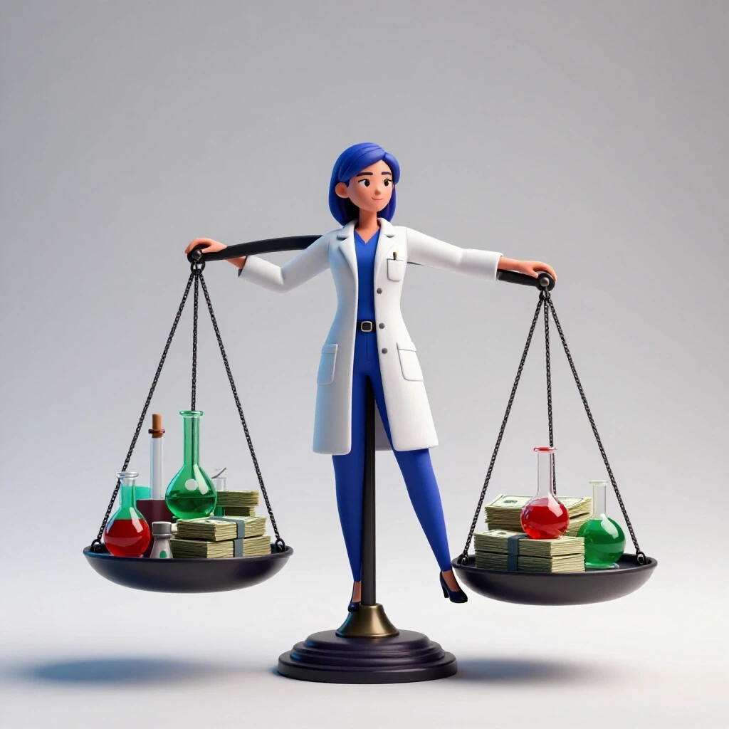 A split-scale balance with scientific tools and money on one side, symbolizing STEM pay gap for women.