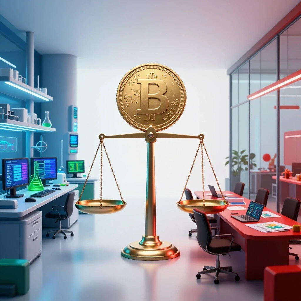 Futuristic lab and corporate boardroom split by a central coin, symbolizing STEM and business degree ROI comparison.