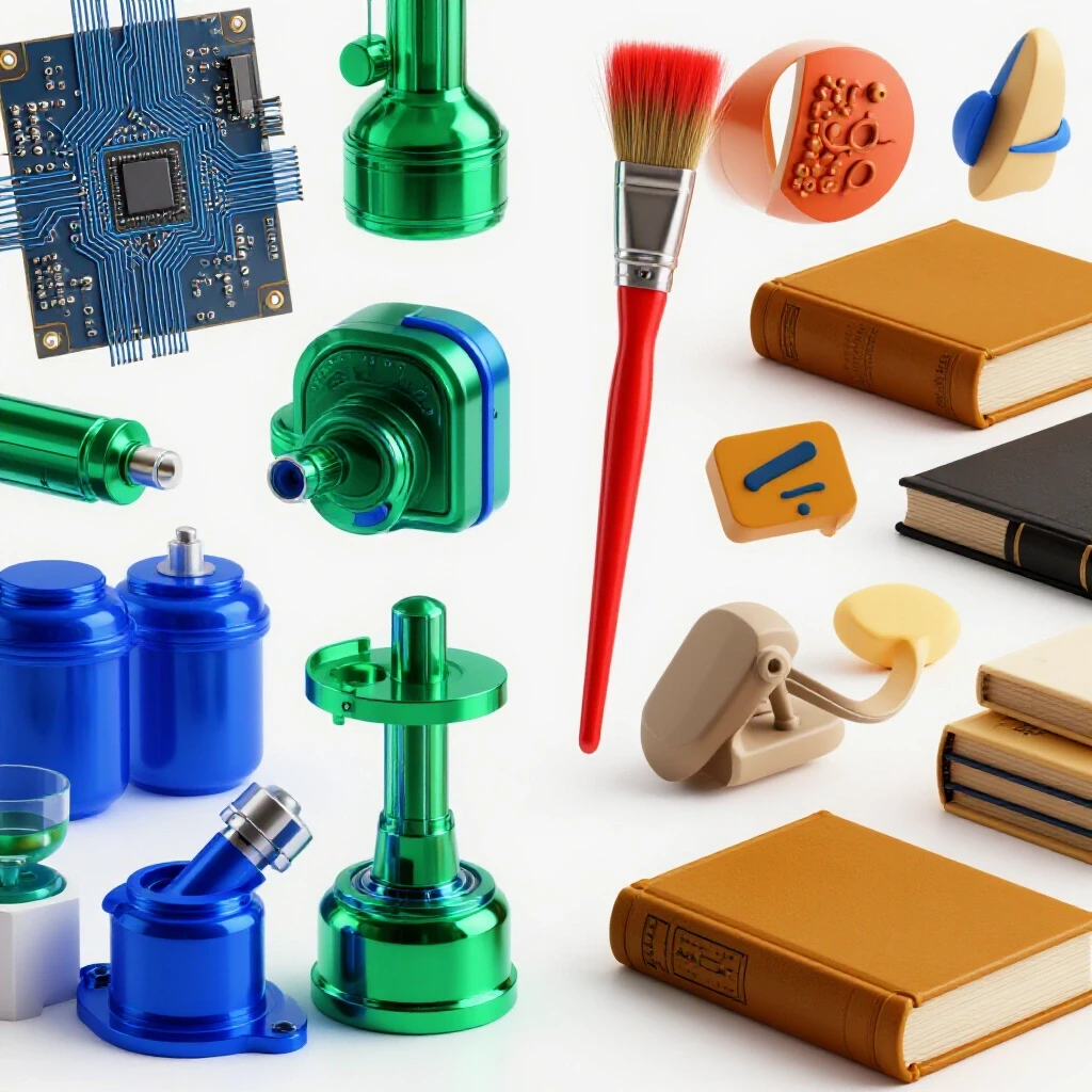 Split-scene of vibrant STEM symbols like circuit boards and lab tools contrasted with creative tools and books, set on a bright studio background.