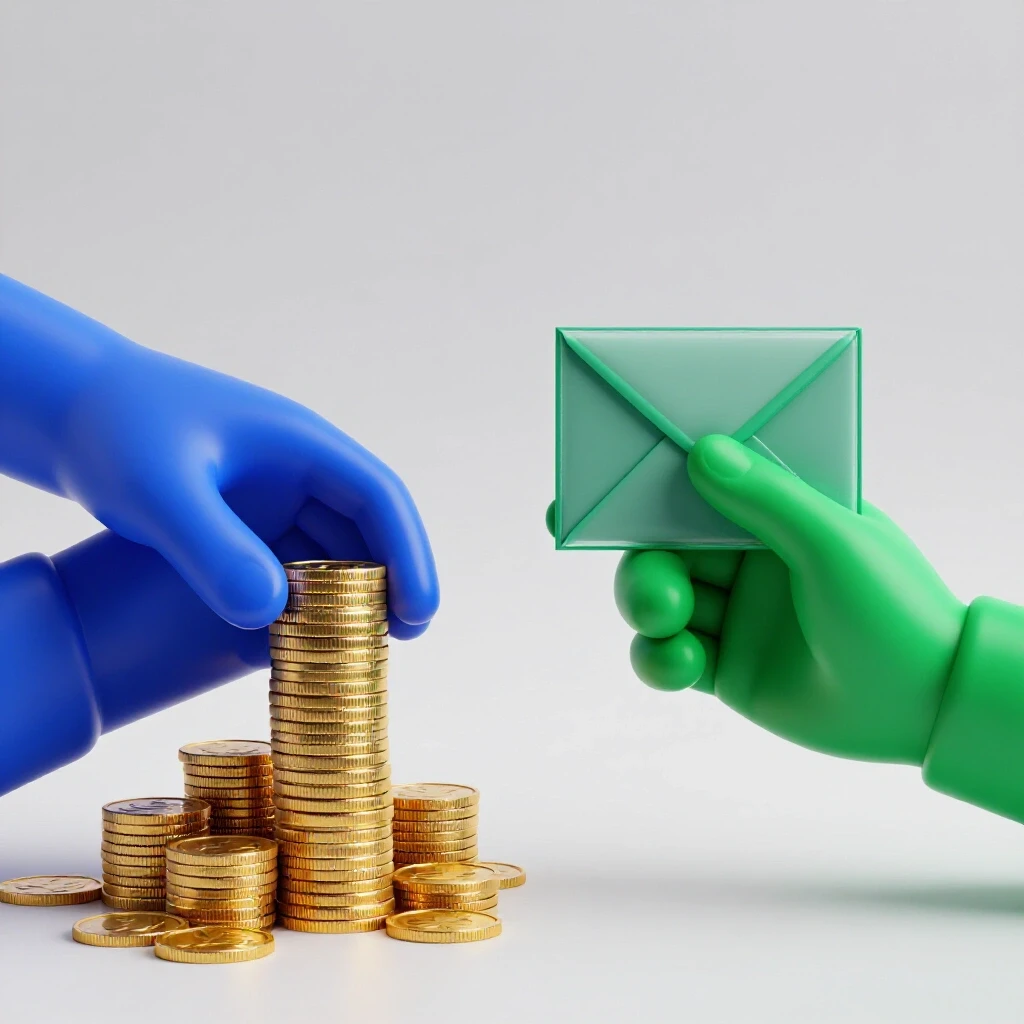 Split scene with vivid colored hands comparing a counted stack of coins and a fixed envelope, symbolizing payment differences.