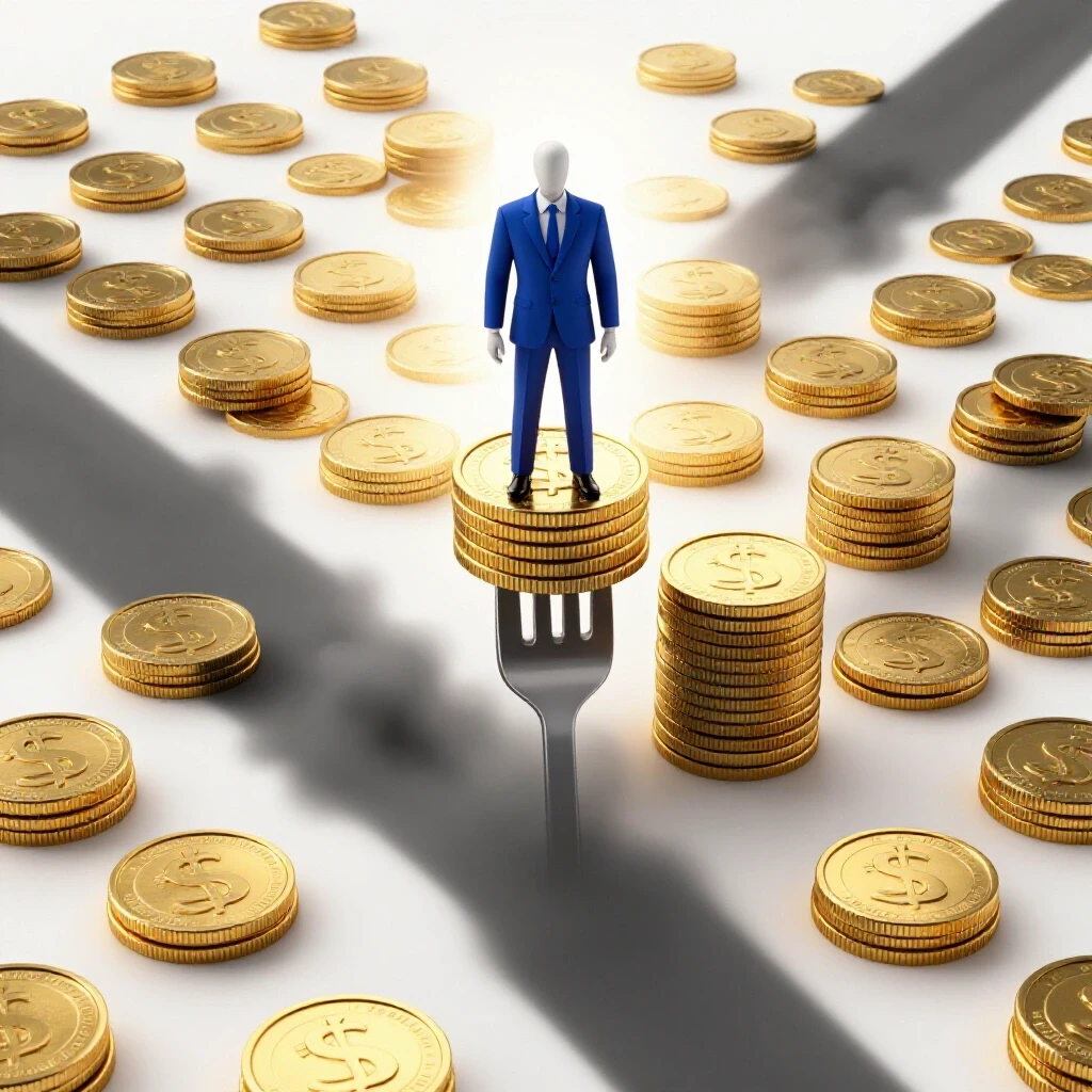 A forked path with a business figure atop gold coins on one side, fading into shadow and uncertainty on the other.