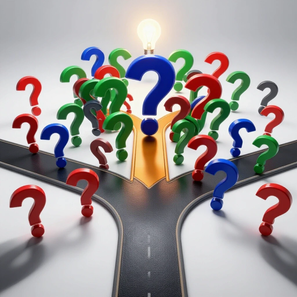 Glossy 3D crossroads with swirling colored question marks and a glowing path leading to a radiant lightbulb.