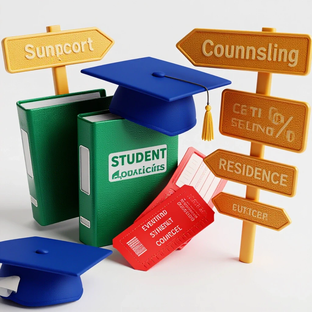 Bold, colorful student support symbols—graduation cap, binder, event ticket, sign—centered on a bright background