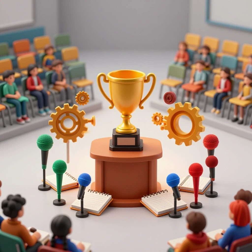 A vibrant school podium with bold leadership symbols, microphones, notebooks, and gears spotlighted in a luminous setting