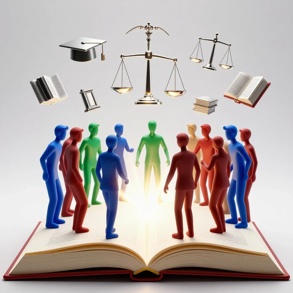 Open handbook glowing with light, surrounded by colorful abstract student figures and floating academic icons.