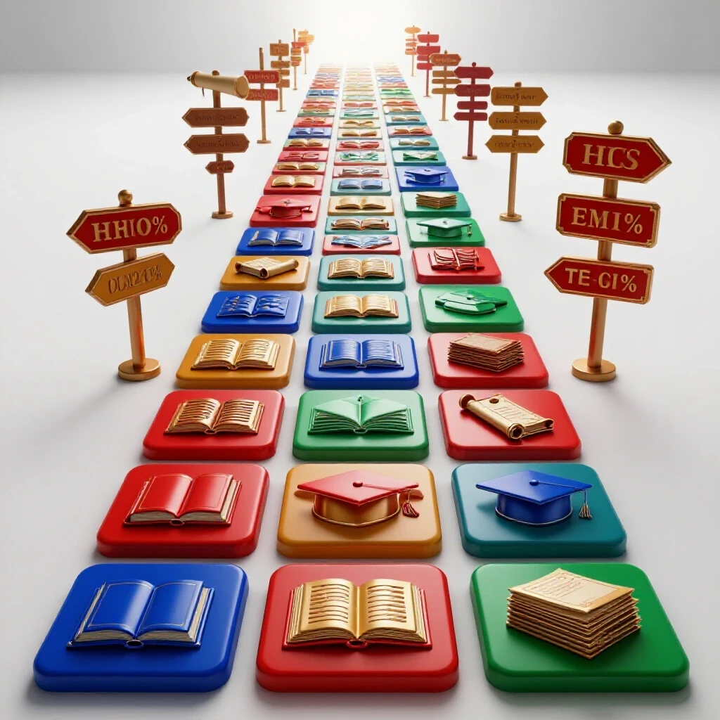 A vibrant winding path with books, graduation caps, and signposts leading to a bright horizon on a white background.