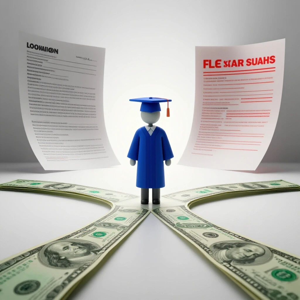 A graduate at a crossroads with a winding dollar bill path and looming loan documents on a bright background.