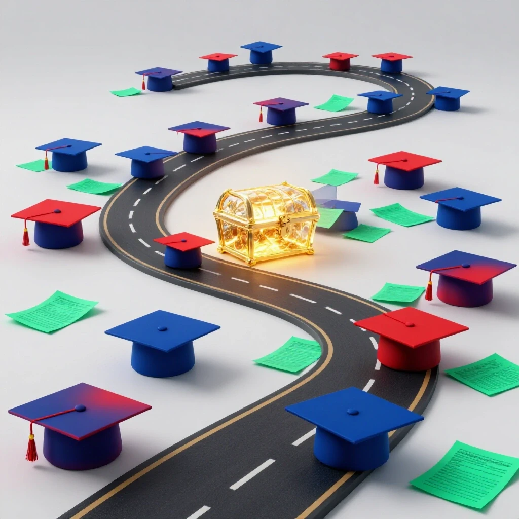 A winding road of graduation caps leads to a glowing treasure chest, with student loan papers scattered along the path.