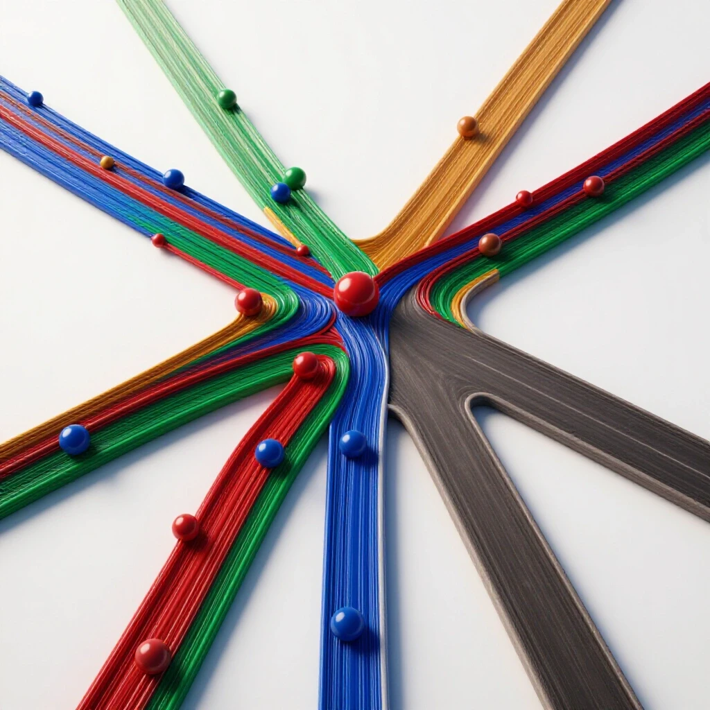 Two vibrant diverging paths at a crossroads, one networked with colorful nodes, the other solitary and muted, on a bright background.