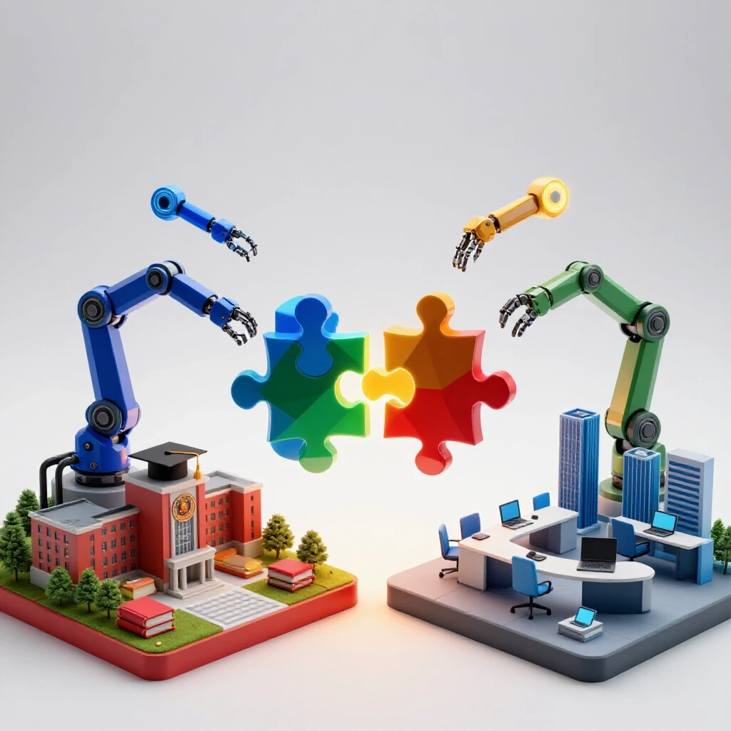 Colored puzzle pieces assembled by robotic arms bridge a gap between campus icons and corporate office symbols.