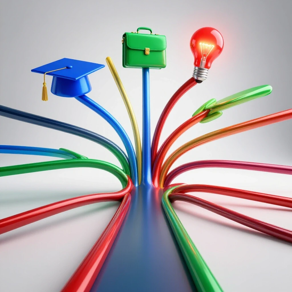 Vibrant branching path with bold symbols like a graduation cap, briefcase, and lightbulb on a bright background.