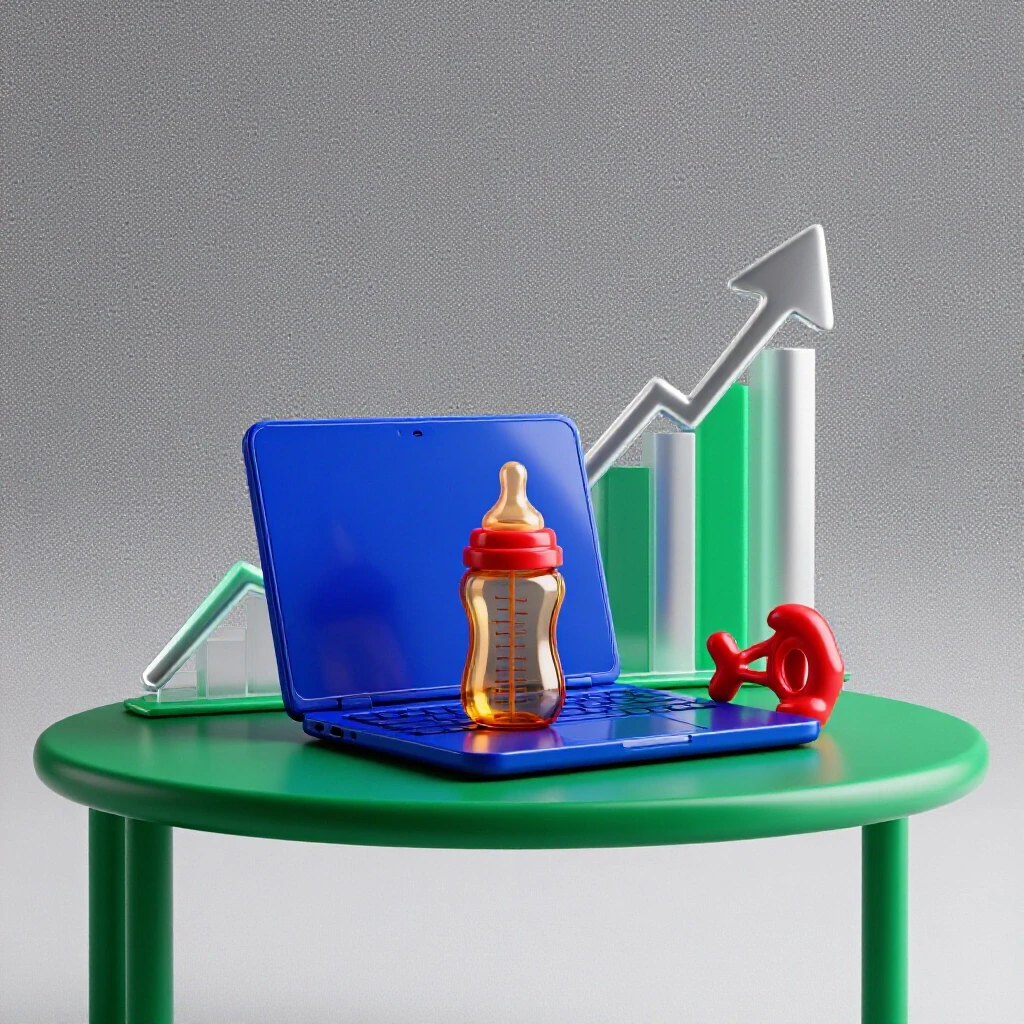 Laptop, baby bottle, and rattle balanced at the center with data graphs and progress arrows in a bright studio setting.