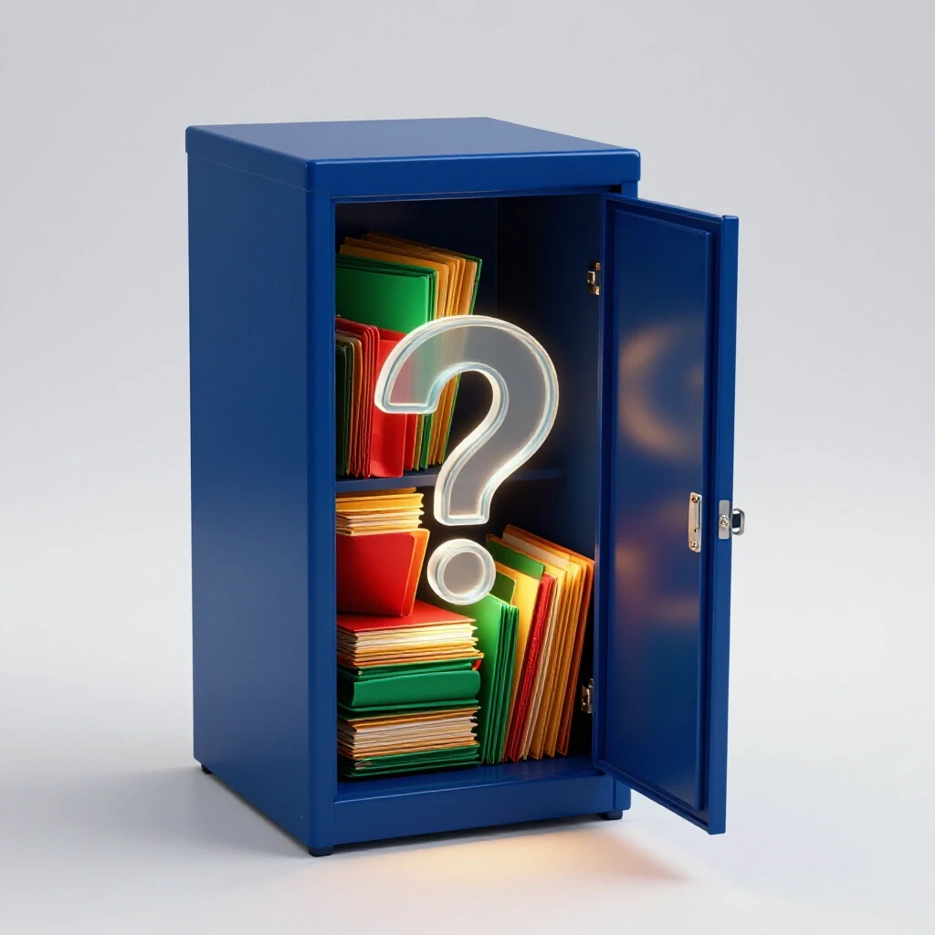A glowing blue file cabinet filled with vivid colored folders, a glass magnifying glass hovering, symbolizing the hidden importance of student records.