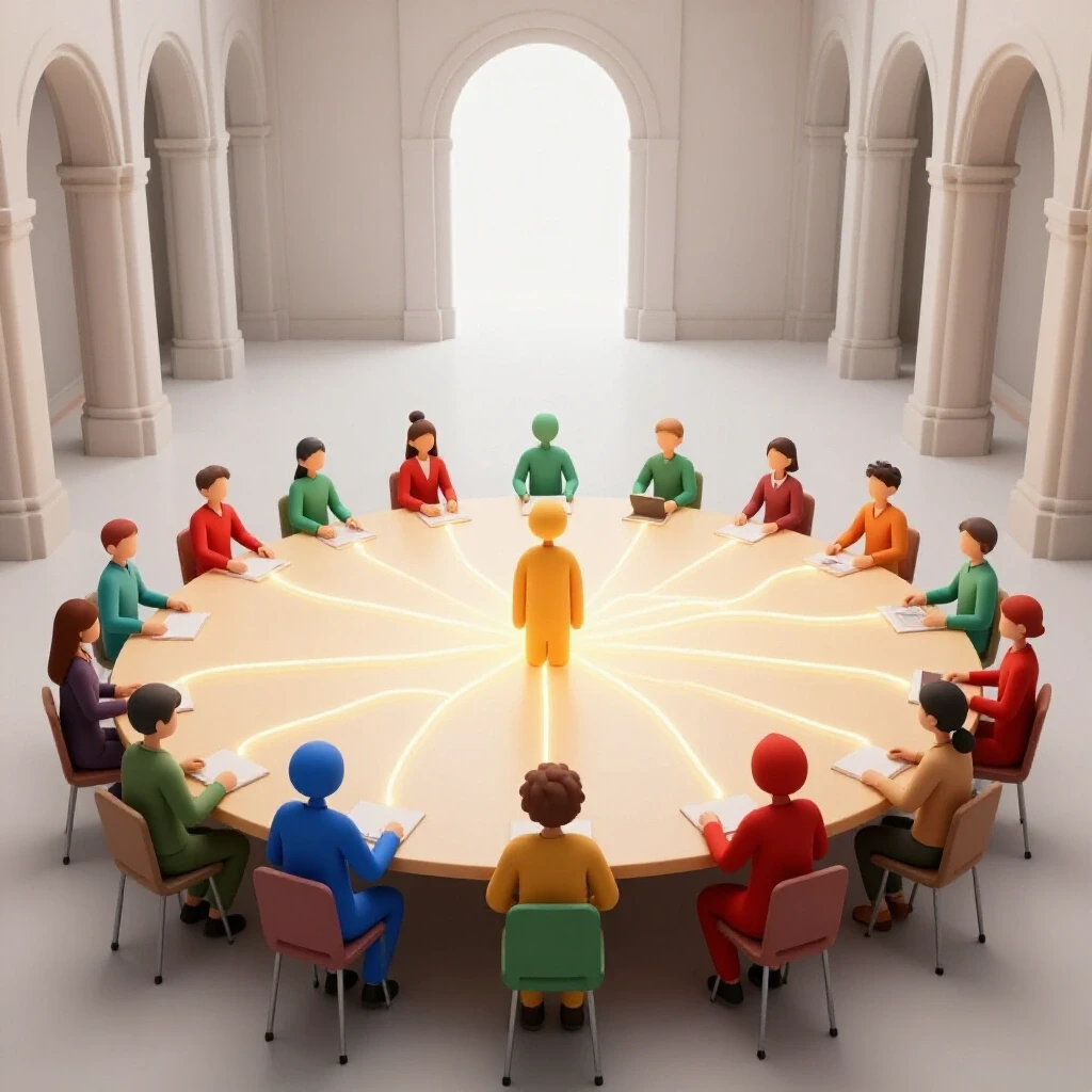 Colorful student symbols connected by glowing lines around a table in a bright school hall setting