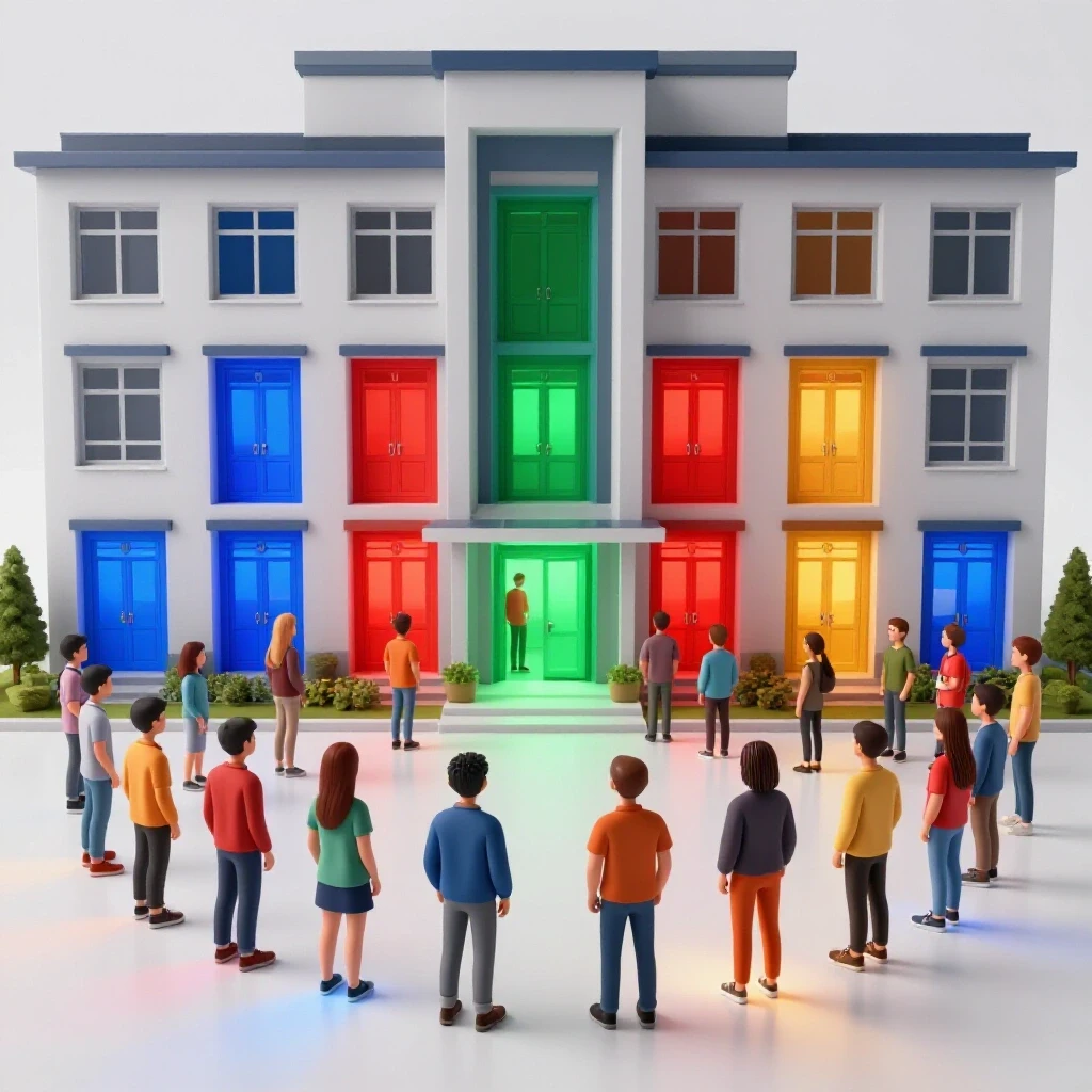 A vibrant building with multiple glowing doors and abstract student shapes at the entrance, representing diverse student services options.