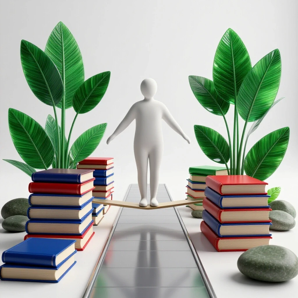 Abstract student figure balances on a narrow path flanked by vibrant books and lush nature elements