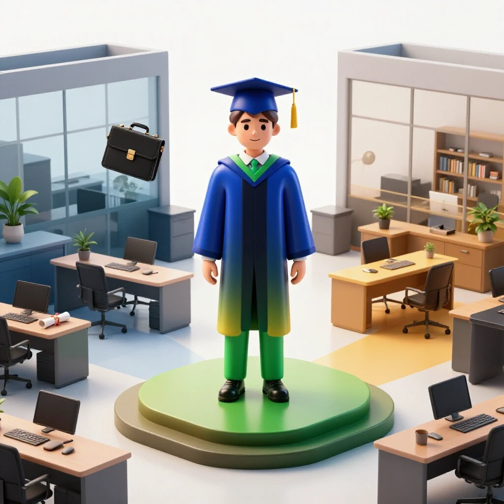 A vibrant scene showing a figure at the edge where a graduation stage transforms into a lively office setting.