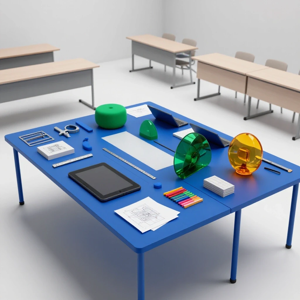 Modern studio workspace with colorful creative tools and prototypes, traditional desks in background contrast