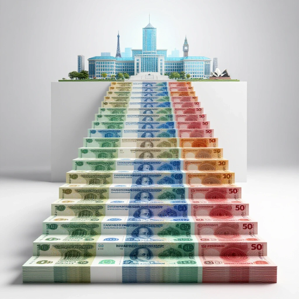 A staircase made of colorful world currency notes ascending towards a glowing university with international landmarks above, symbolizing academic aspiration and financial pathways.