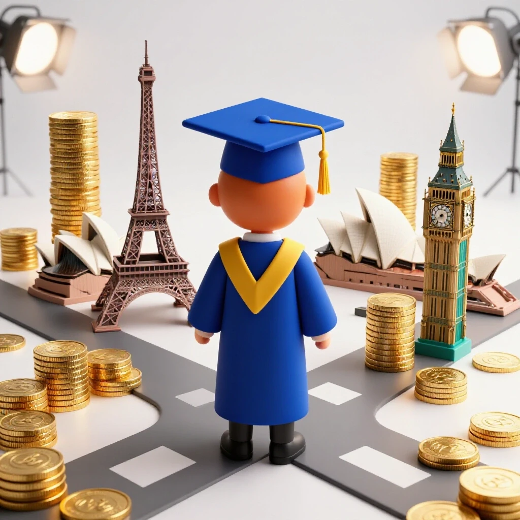 A graduate at a crossroads between famous global landmarks and stacks of gold coins on a bright background.