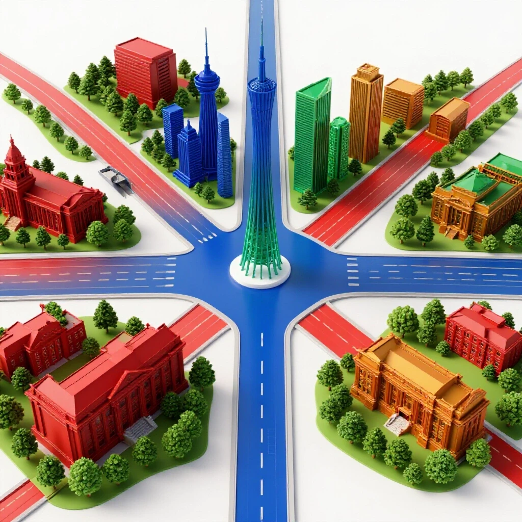 Central crossroads leading to a vibrant foreign cityscape on one path and a classic hometown campus on the other, both paths in deep, rich colors with a bright white background.