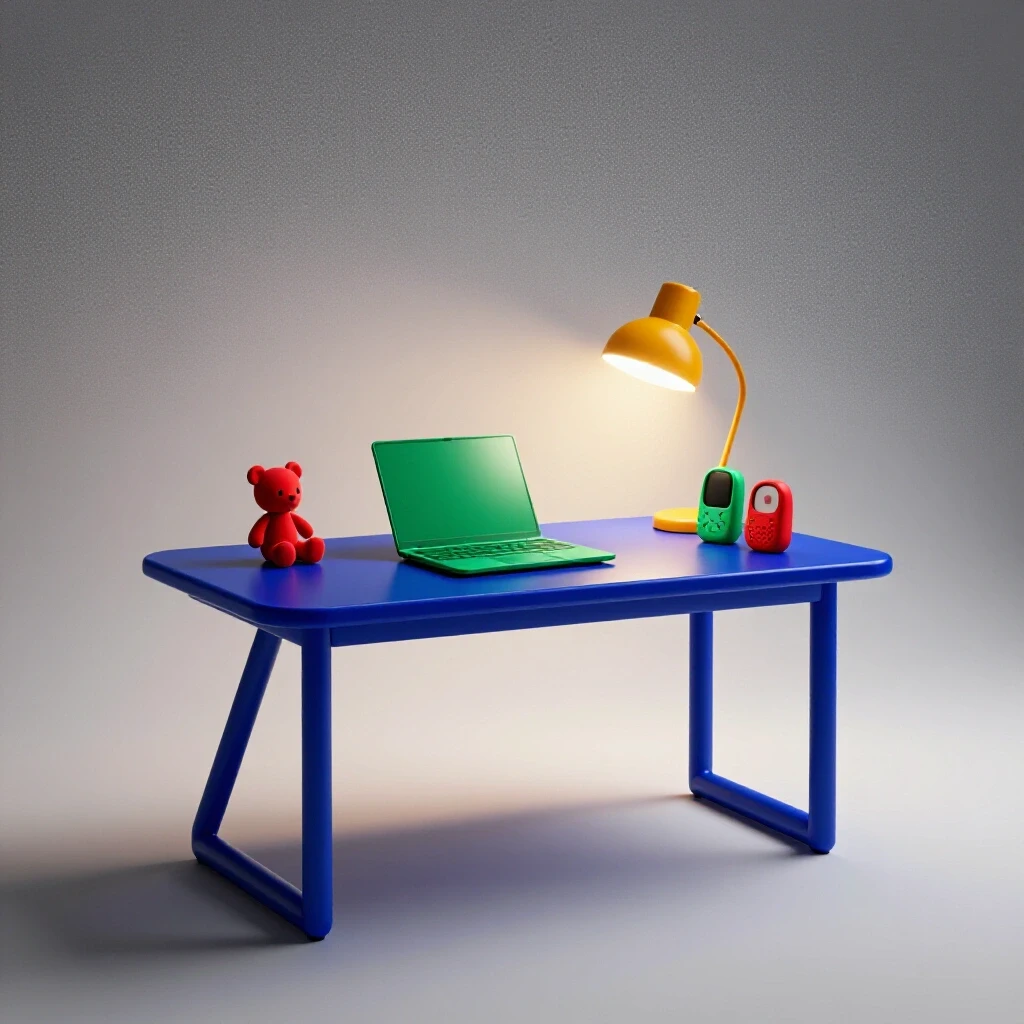 A study table with a glowing lamp, open laptop, child's toy and baby monitor on a bright clean background