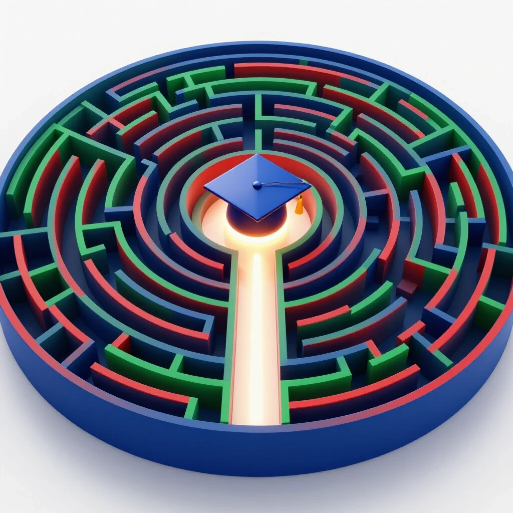 A deep blue, emerald, and red 3D maze with a glowing path leading to a graduation cap in a bright white setting.