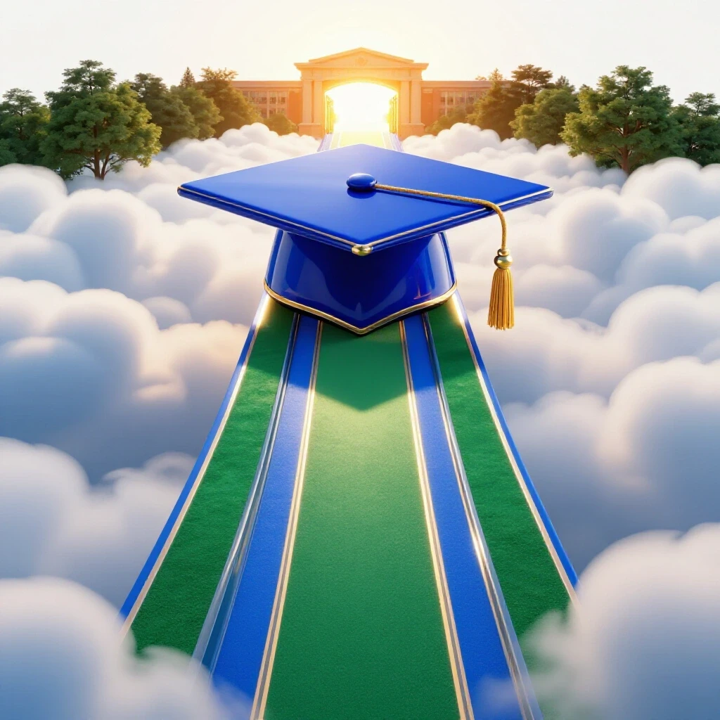 A vibrant academic cap balances on a narrow, glossy path above soft clouds, leading toward a sunlit campus gate.