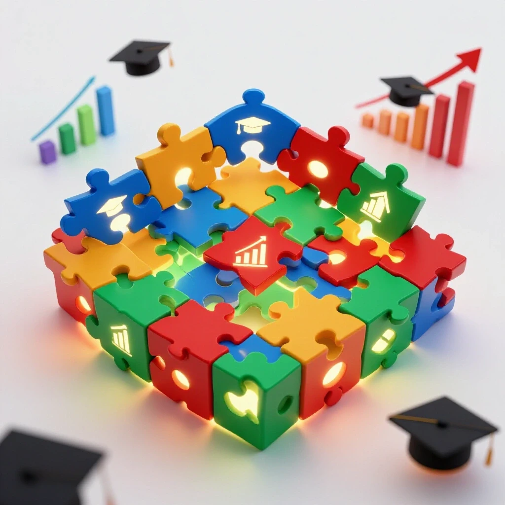 Vivid colored puzzle pieces forming a collaborative solution with career symbols, graphs, and graduation caps on a bright background.