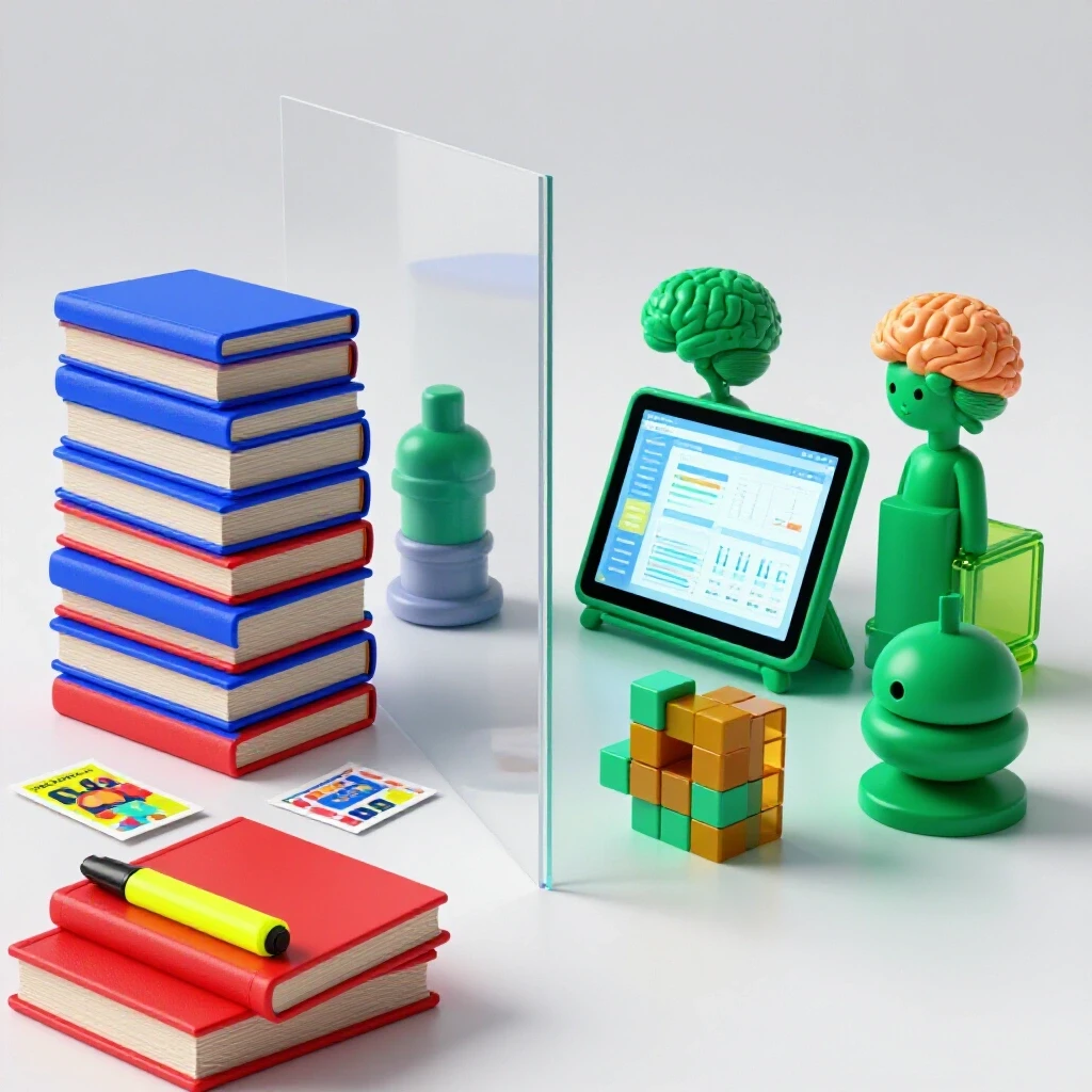 Contrasting study methods divided by a transparent wall: outdated tools on one side, modern tools on the other, in a luminous white space.