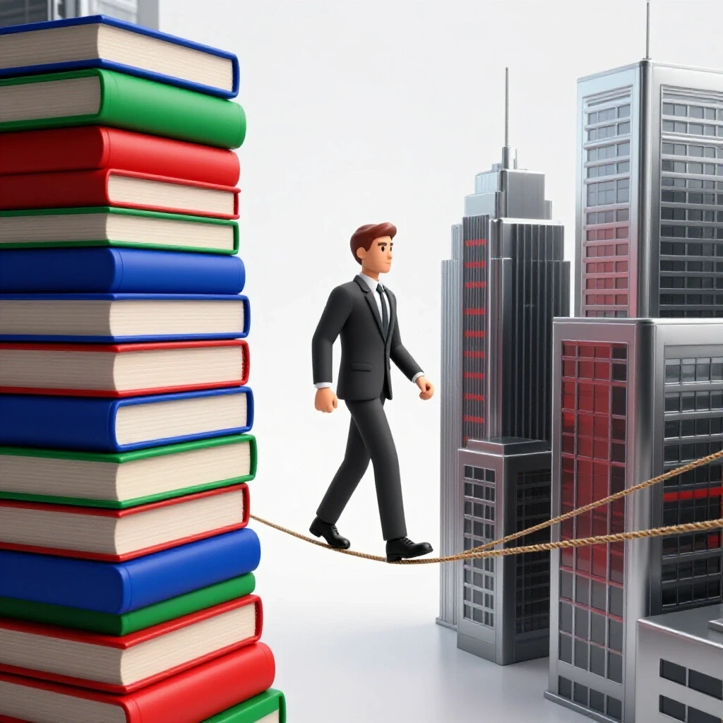 A stylized figure balances on a tightrope between colorful books and sleek office buildings, symbolizing managing study and career search.