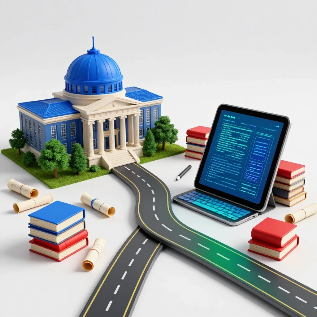 A colorful branching road splitting toward a classic campus building and a digital tablet surrounded by books and creative tools.