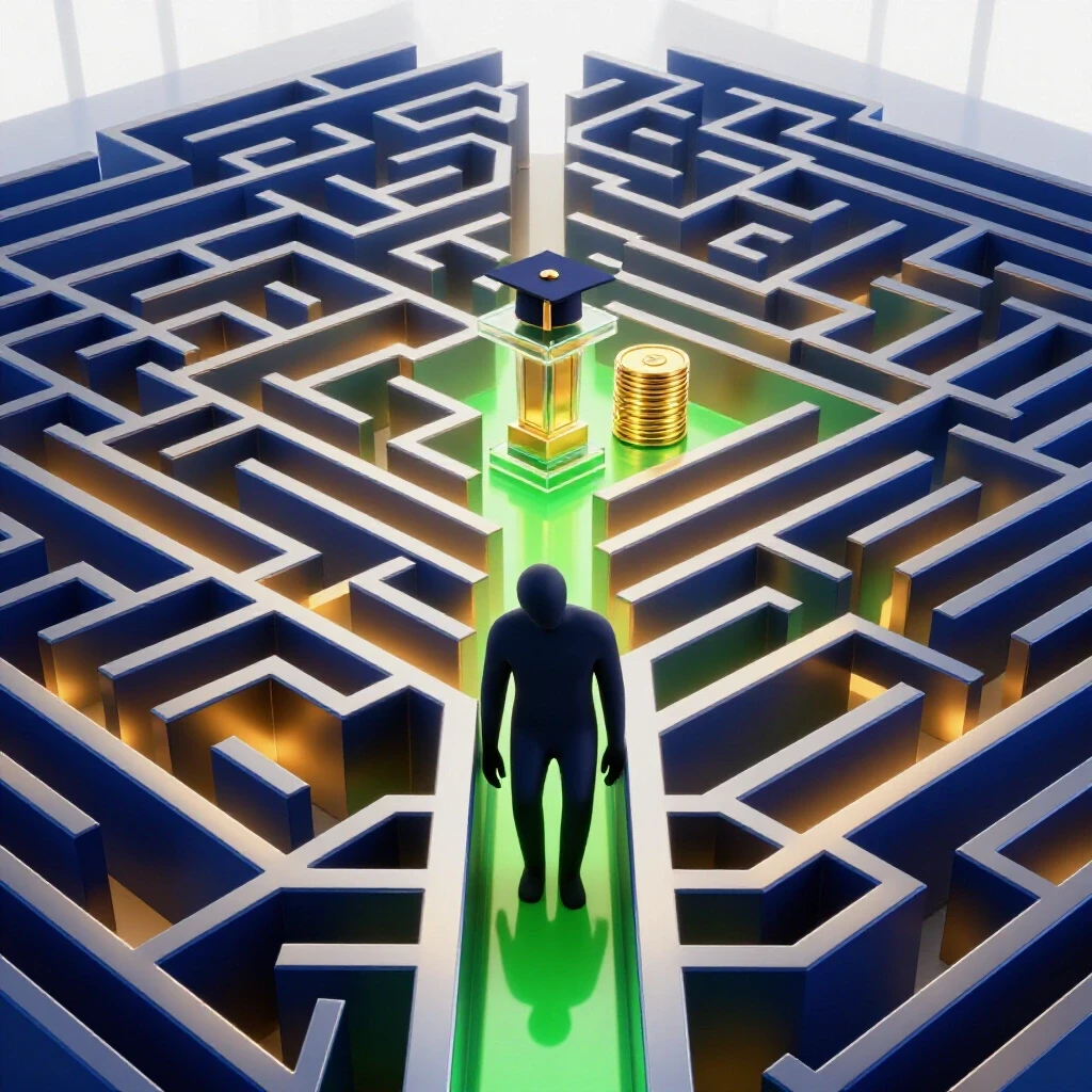 Central maze with glowing paths guiding an exhausted figure toward achievement symbols on a bright background.