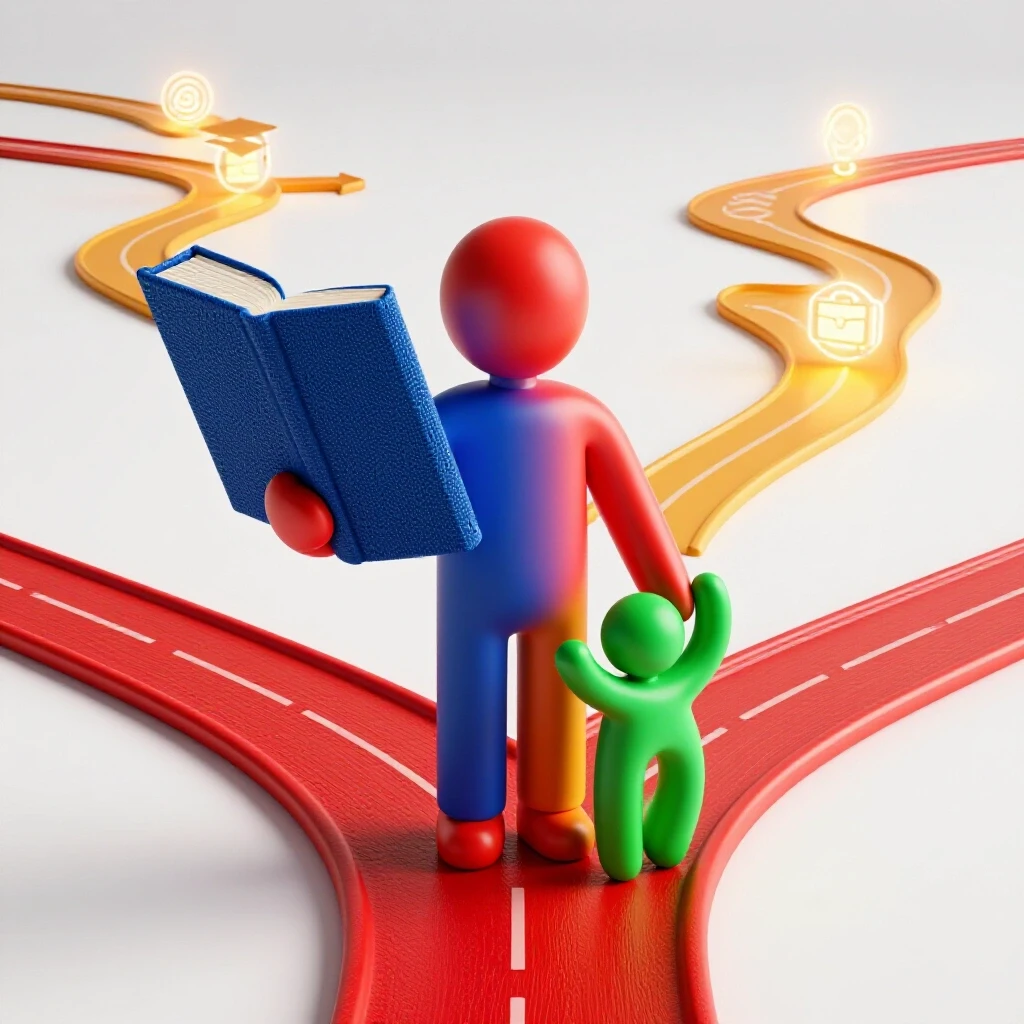 Sculptural parent balancing a blue book and green child at a crossroads with winding colored paths in a bright studio setting.