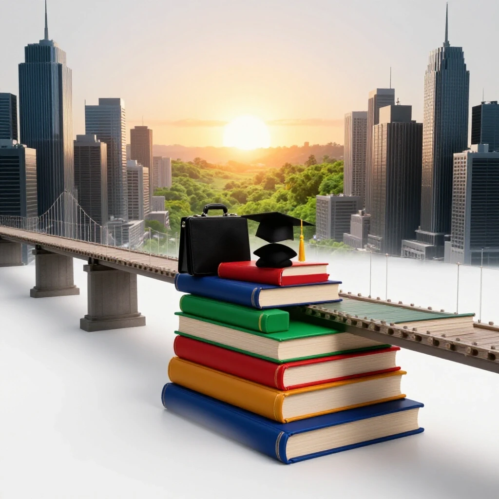 Bridge made of rich-colored books stretches from a shadowy cityscape to a sunrise-lit vibrant landscape.