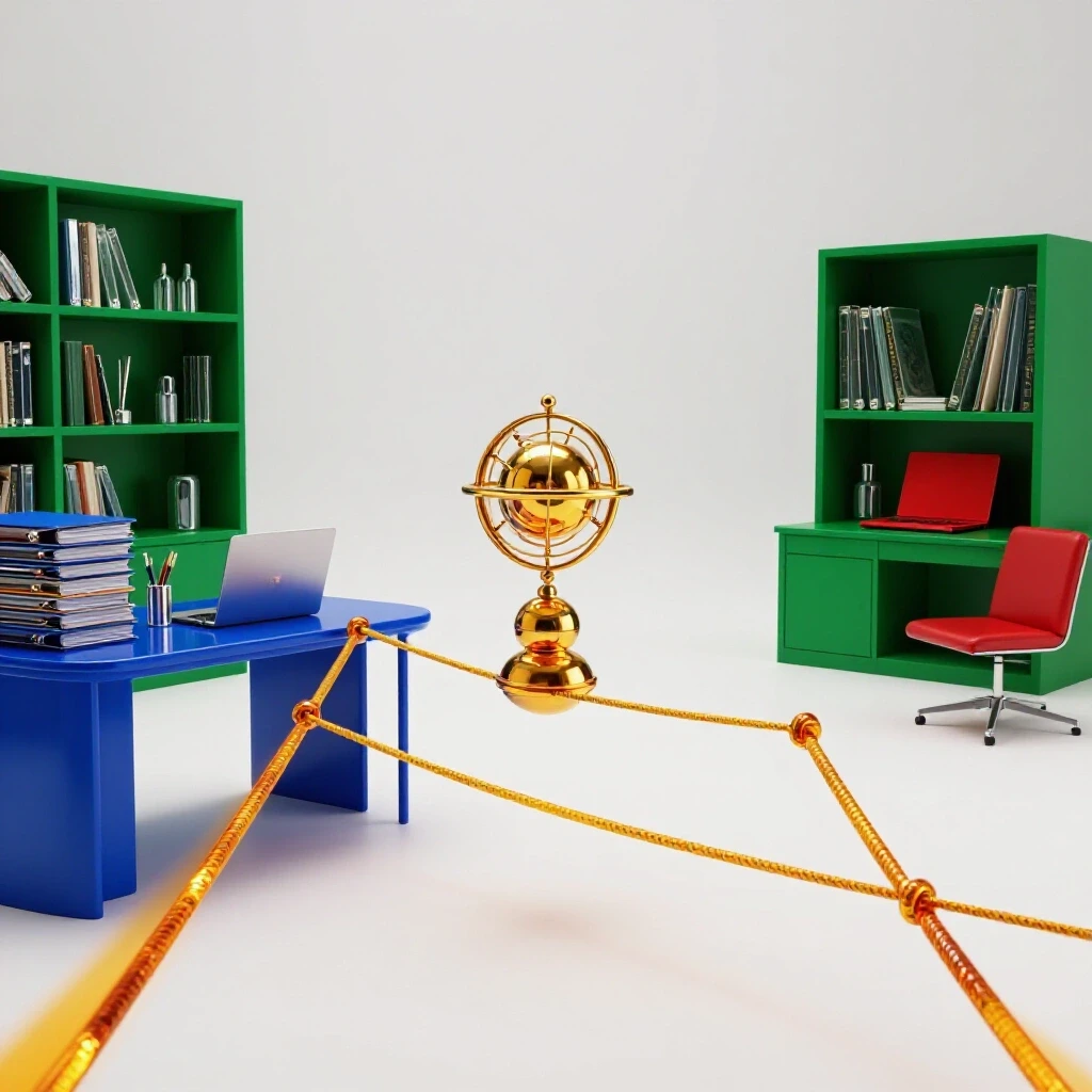 Office desk and study space connected by a vivid tightrope with a balancing object in a bright studio scene