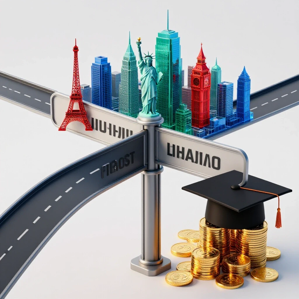 A crossroads with a signpost splits toward a city of global landmarks or a pile of coins and graduation cap.