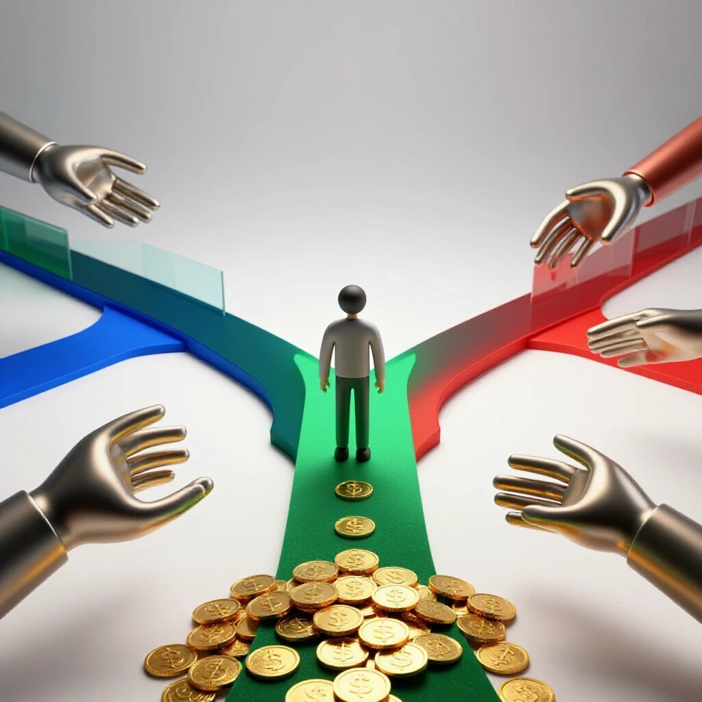 Student at a crossroads with supportive hands and golden coins on one side, obstacles on the other, on a bright background.